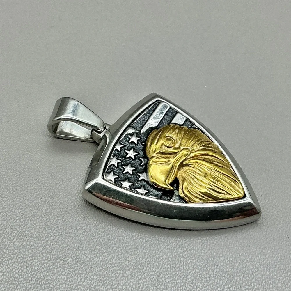 Stainless Steel Bald Eagle American Flag Shield Pendant Gold Tone Patriotic